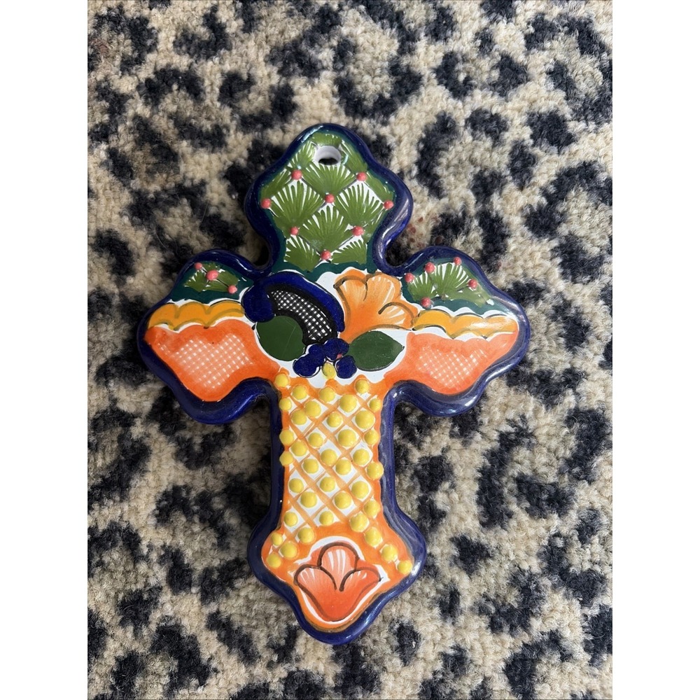 Hand Painted Art Talavera 6" x 4.5" Colorful Hand Made Cross - Made Mexico